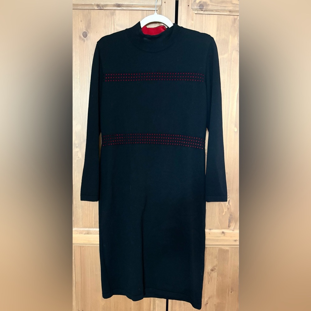 VINTAGE Louis Feraud Black Long-Sleeve Dress with Red Trim